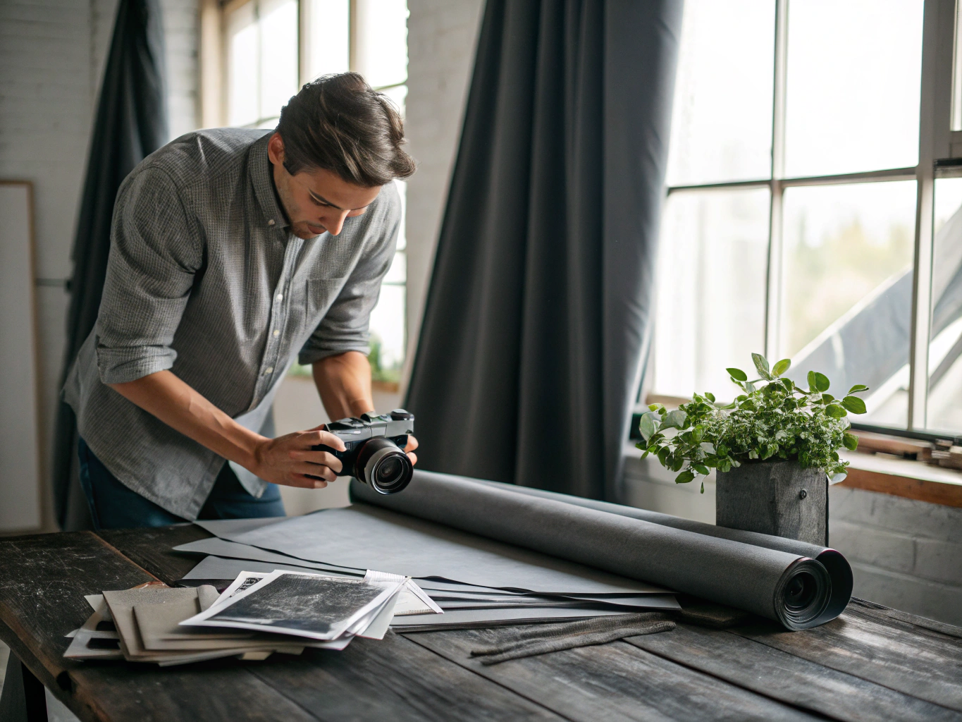 Instant photography prints on a wooden table